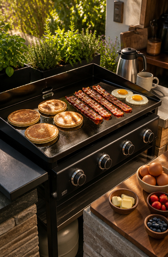 Breakfast items being cooked on a Blackstone griddle.