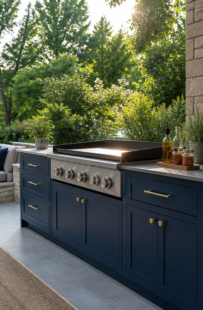 Marine-grade plywood cabinetry around a Blackstone griddle.