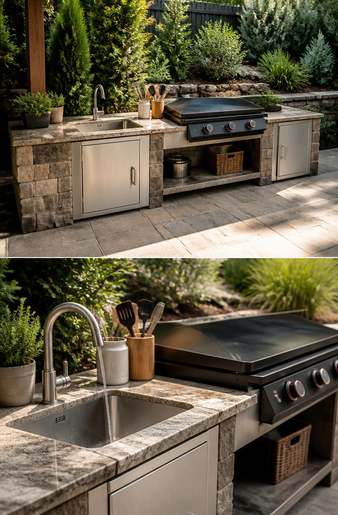 An outdoor sink installed in an outdoor kitchen setup.