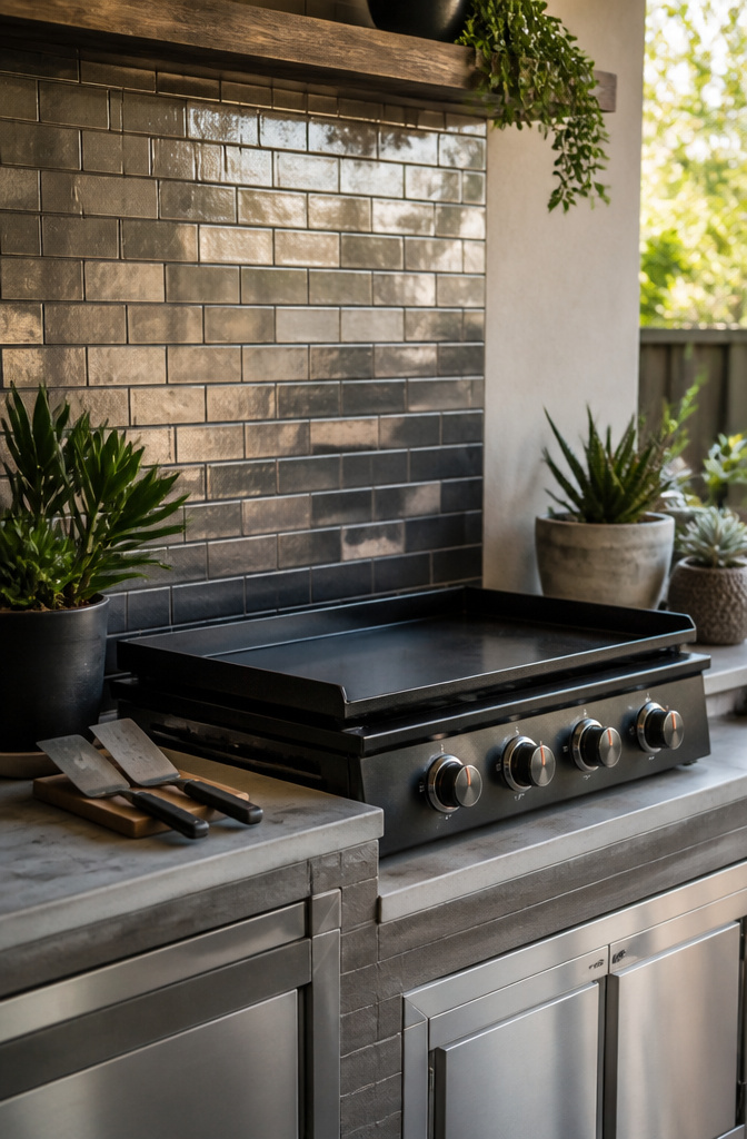 A stylish tiled backsplash behind a Blackstone griddle.