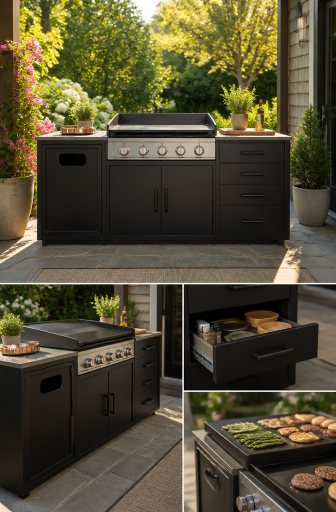 Five pieces of the Blackstone outdoor kitchen module set with a griddle.