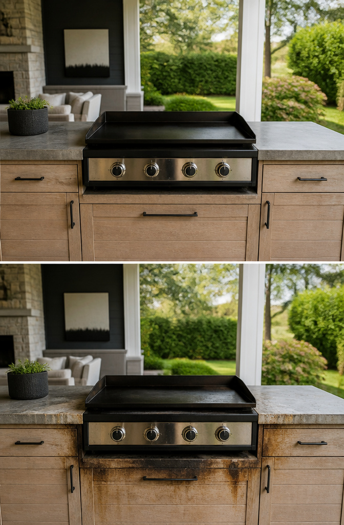 A built-in Blackstone griddle installed in an outdoor kitchen counter.