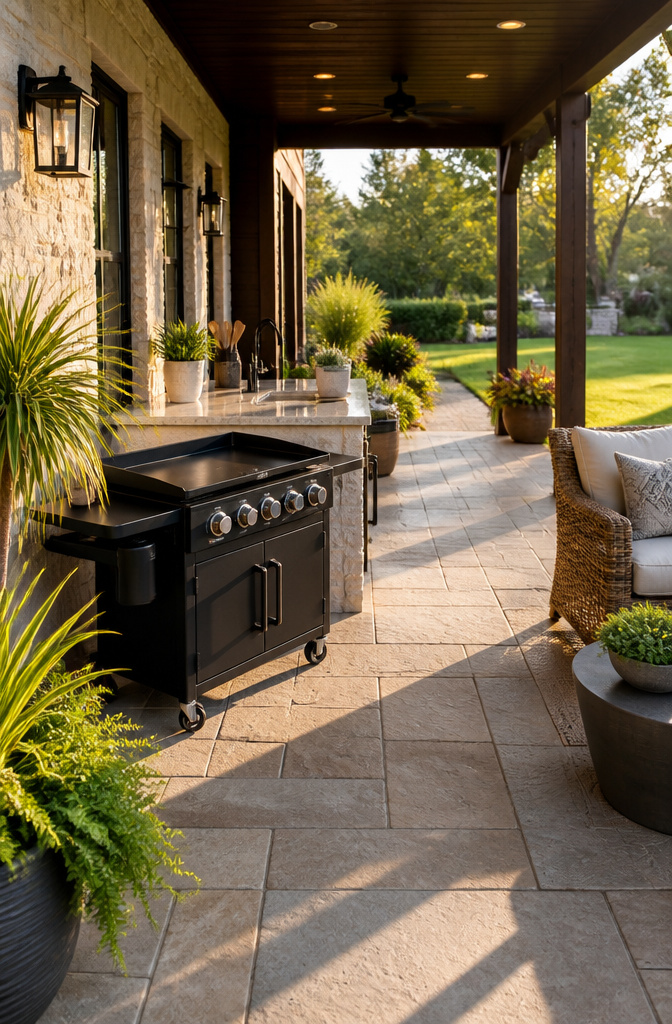 A standalone Blackstone griddle set up for outdoor cooking.