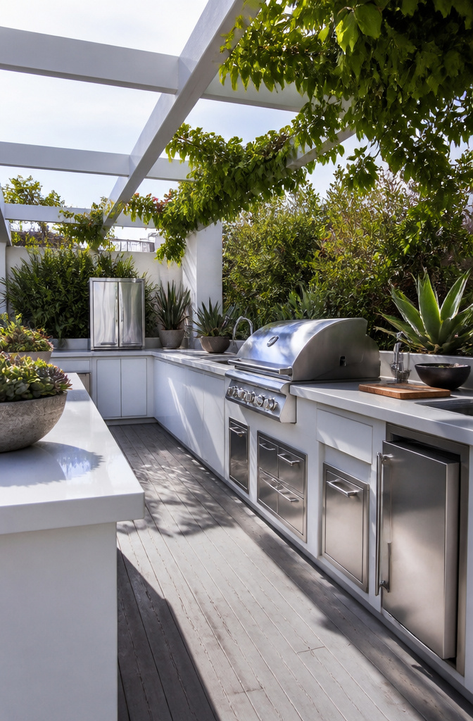 An outdoor kitchen with streamlined cabinetry and sleek white surfaces.