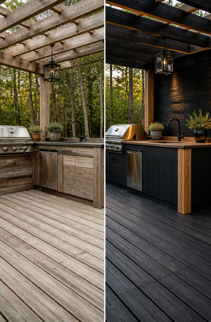 An outdoor kitchen featuring black surfaces paired with natural wood grain.
