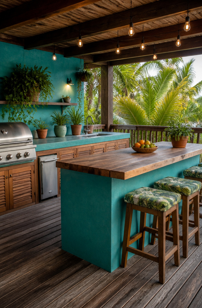 An outdoor kitchen featuring teak surfaces and colorful painted concrete.