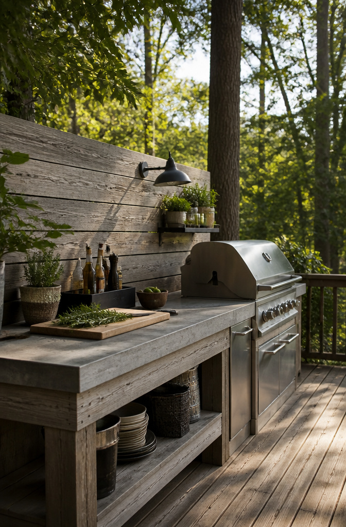 A propane grill against a wooden backdrop with prep space and tools.