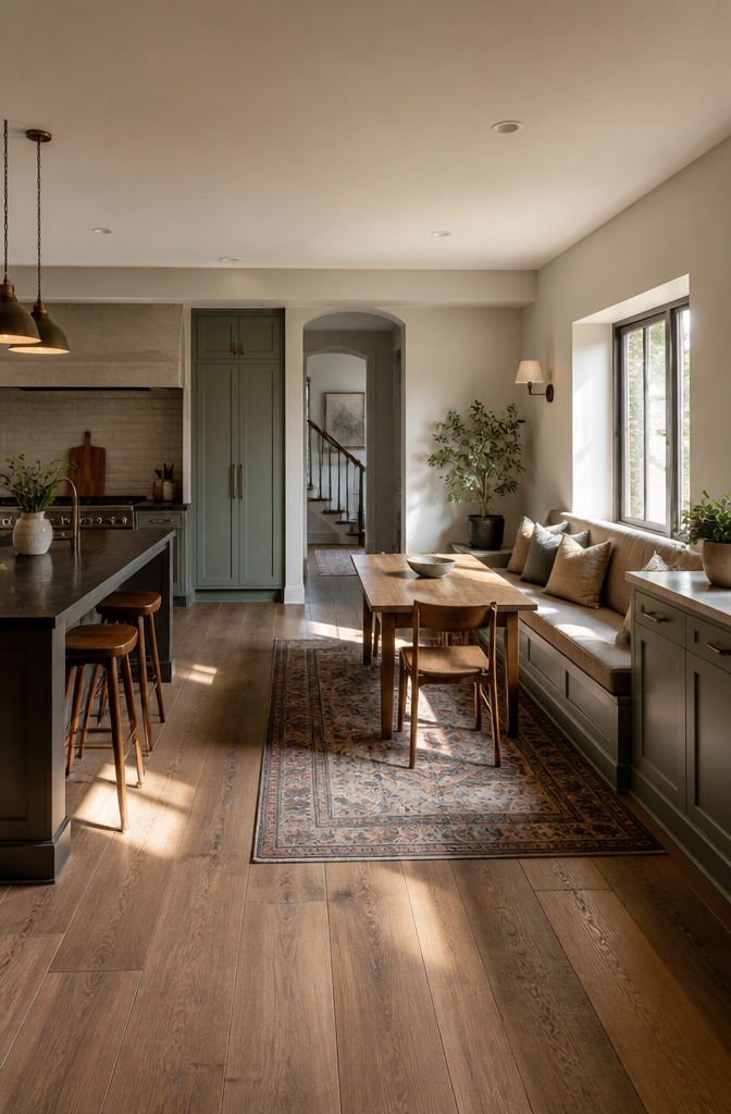 A kitchen with a built-in banquette and a slim table.