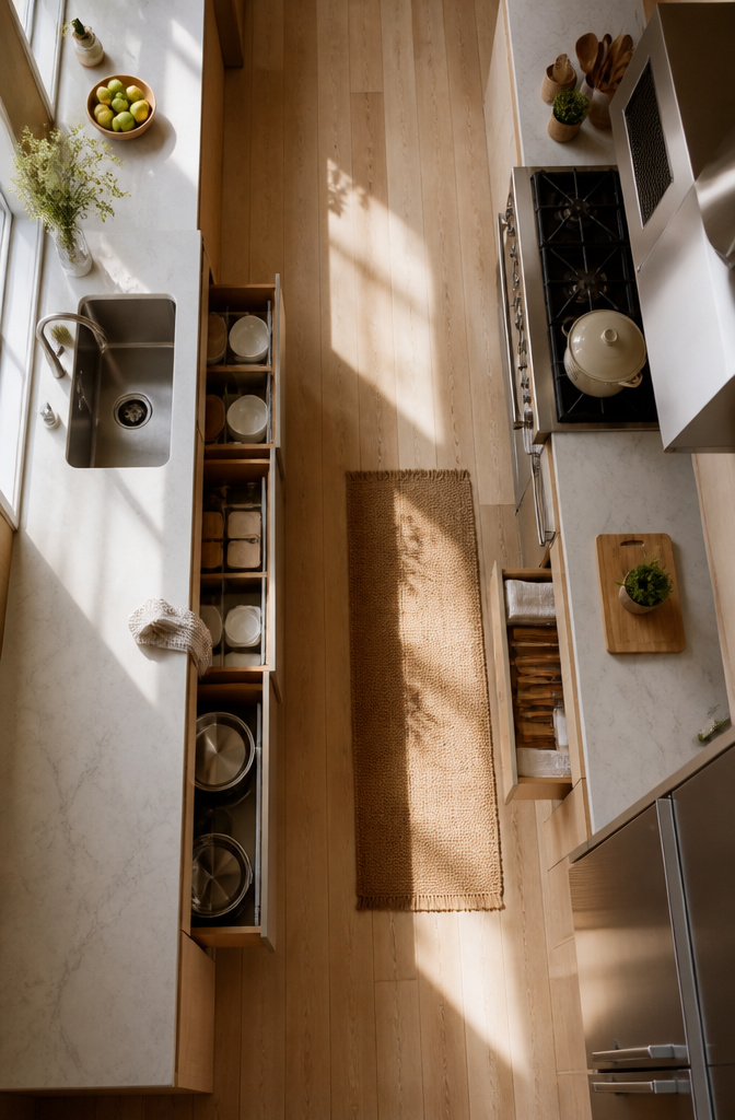 A kitchen layout showing a clear work triangle between sink, stove, and fridge.