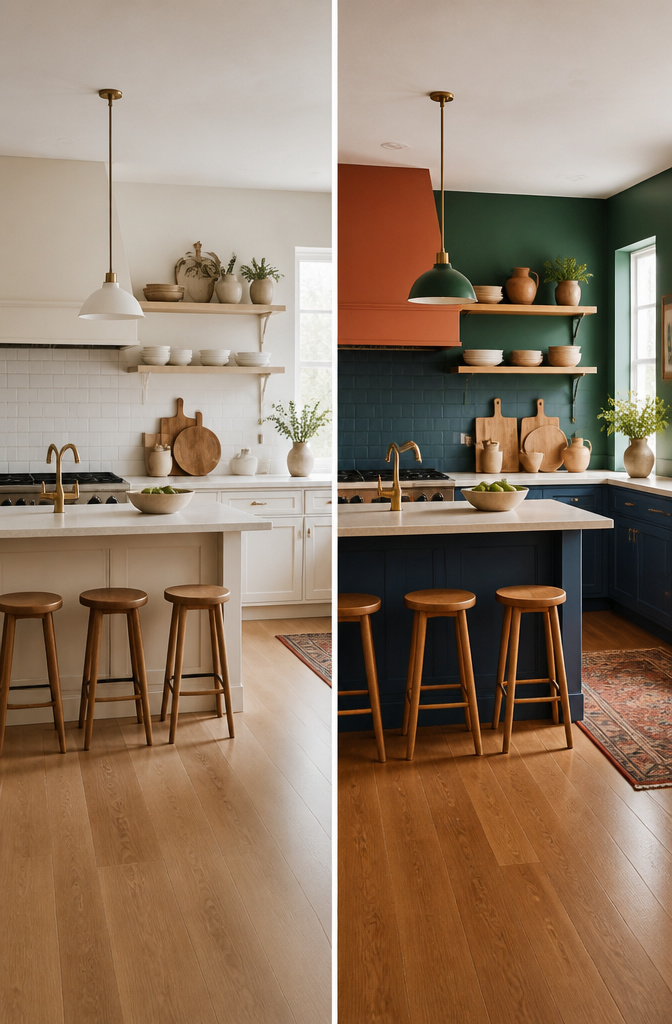 A kitchen with color-blocked cabinets and a cohesive color palette.