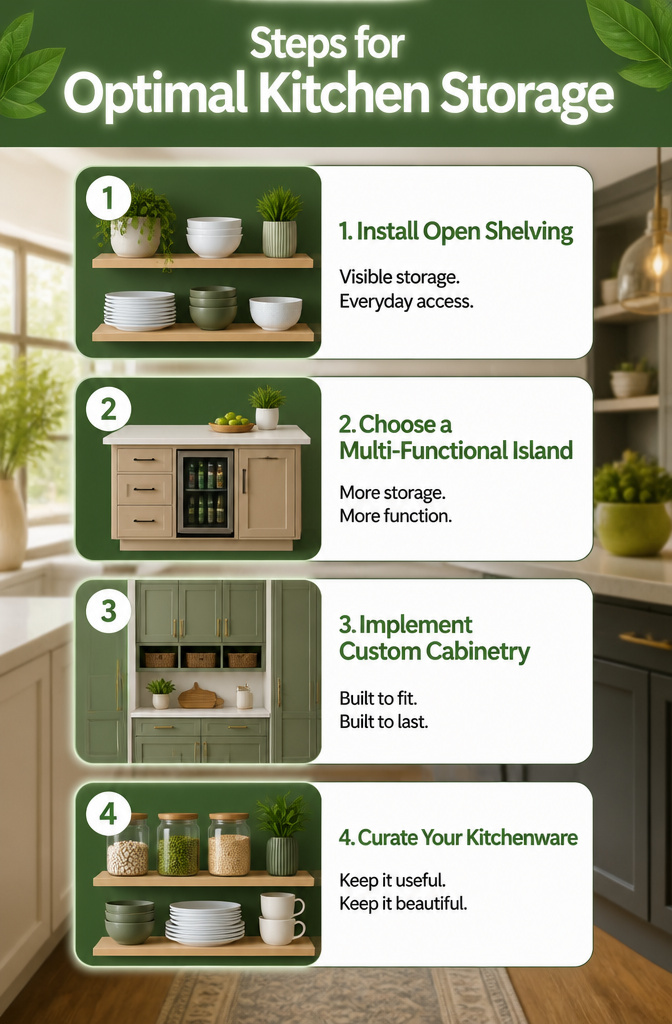 An infographic showing steps for effective kitchen storage solutions.