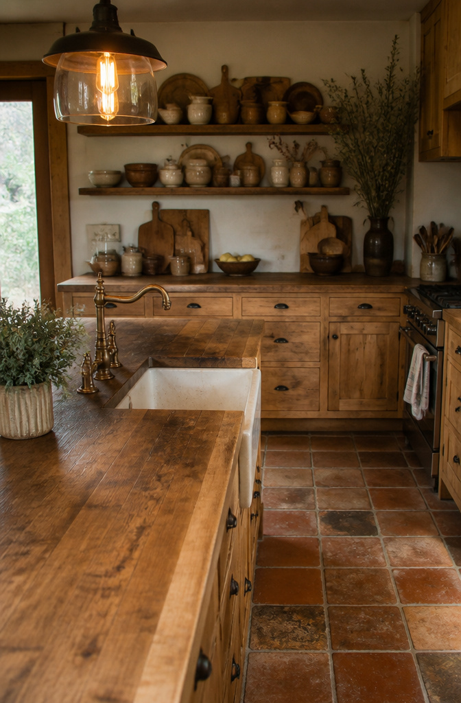 A kitchen with butcher block countertops, oak cabinetry, and open shelving.