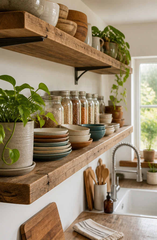 A kitchen featuring wall-mounted open shelving displaying dishes.