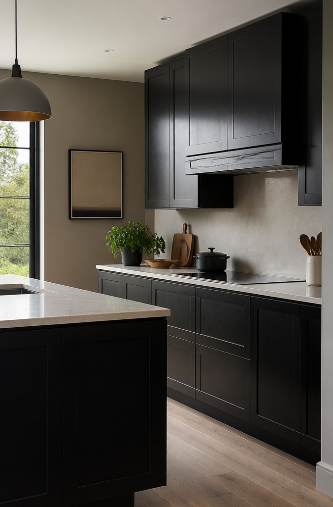 A kitchen showcasing deep black cabinets and light-colored quartz countertops.