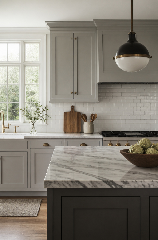 A kitchen with Shaker cabinets, subway tile backsplash, and marble countertops.
