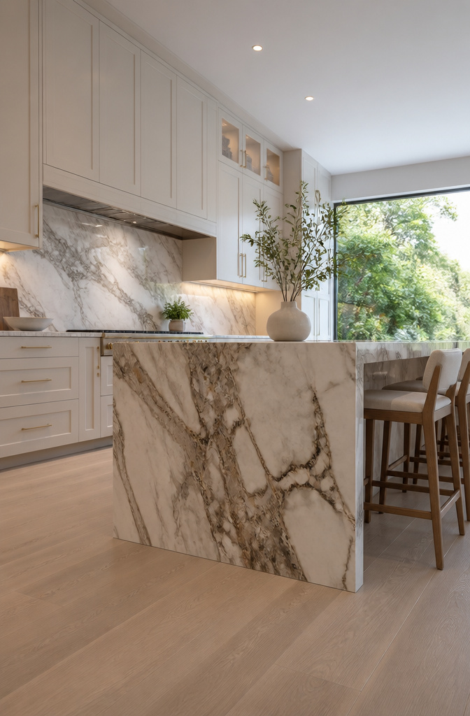A kitchen with a waterfall island made of stone or quartz.