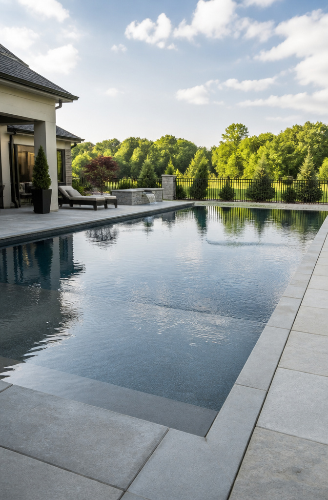 Luxurious pool with automatic cover and slip-resistant stone deck.