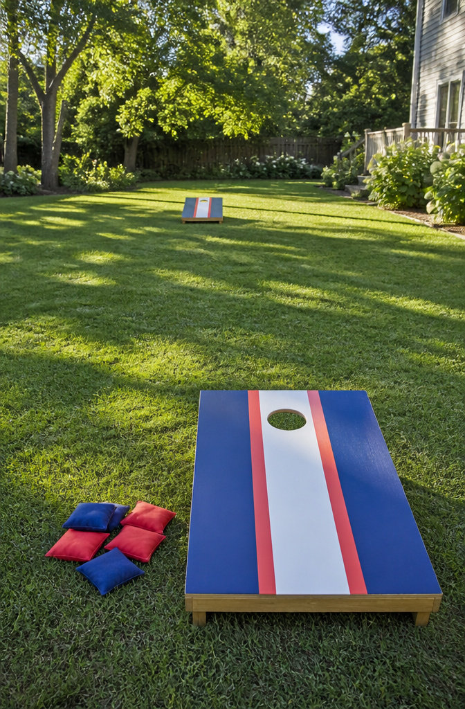 20 DIY Outdoor Games for Backyards, Cookouts & Summer 2026 1 Two cornhole boards with colorful designs placed on a lawn.