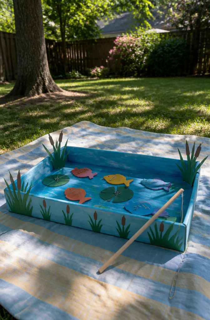 20 DIY Outdoor Games for Backyards, Cookouts & Summer 2026 12 A fishing game setup with a dowel rod and painted cardboard pond.