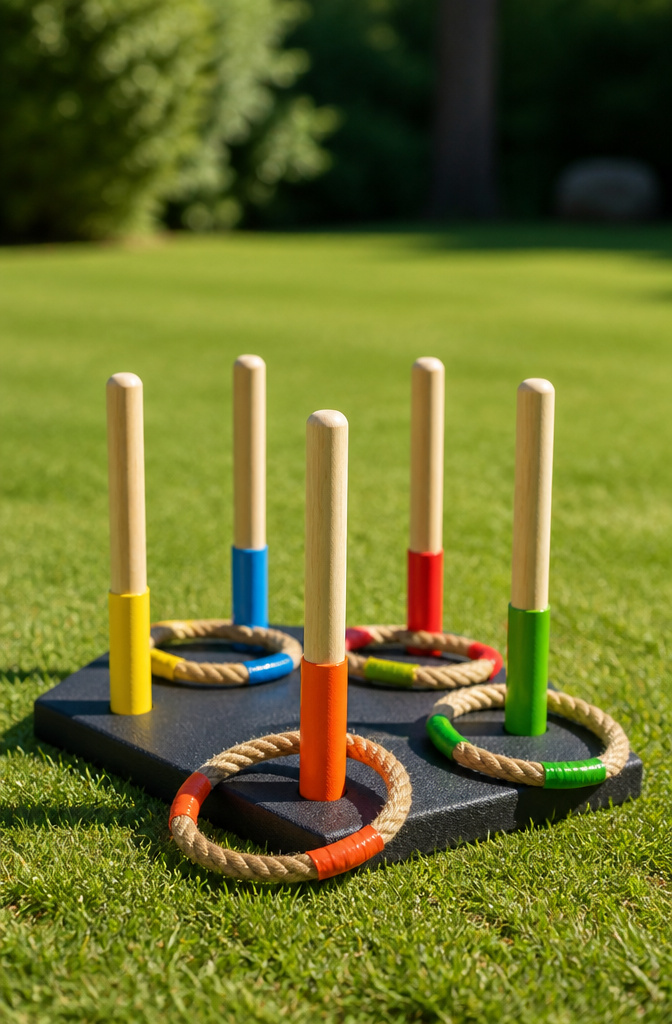 20 DIY Outdoor Games for Backyards, Cookouts & Summer 2026 13 A ring toss game made with rope rings and a wooden base.