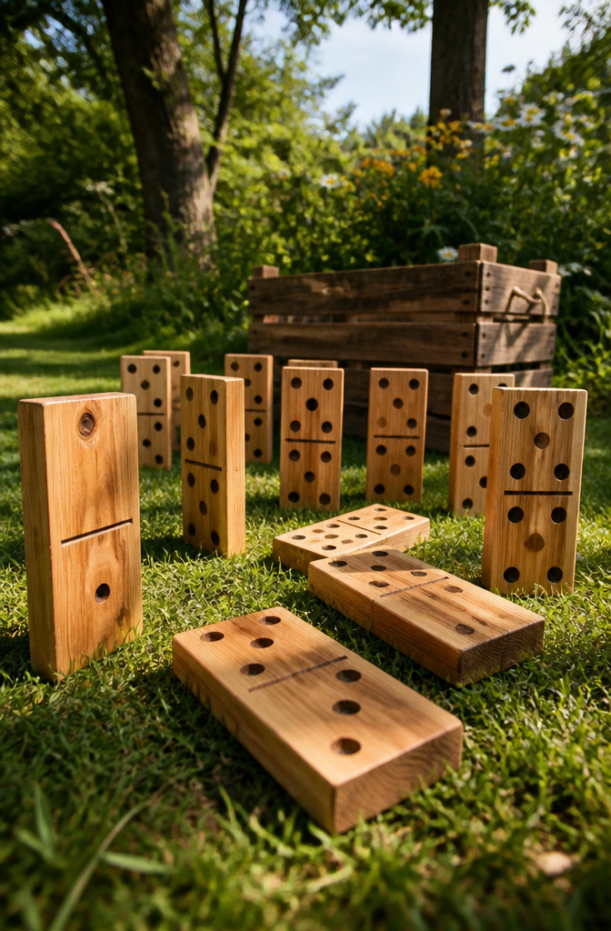 20 DIY Outdoor Games for Backyards, Cookouts & Summer 2026 14 A set of large wooden dominoes arranged on the grass.