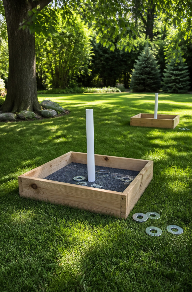 20 DIY Outdoor Games for Backyards, Cookouts & Summer 2026 15 A Washer Toss game set up with two wooden boxes and washers.