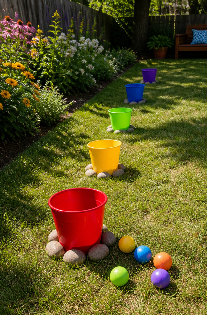 20 DIY Outdoor Games for Backyards, Cookouts & Summer 2026 16 A Bucket Ball Toss game with several colorful buckets on grass.