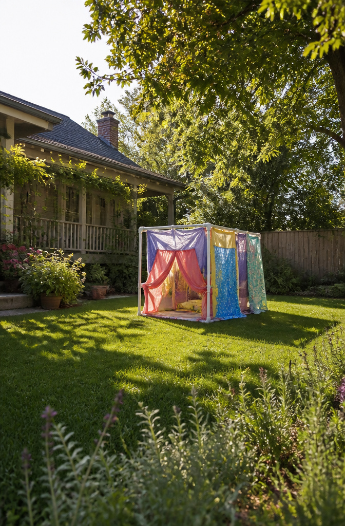 20 DIY Outdoor Games for Backyards, Cookouts & Summer 2026 18 A DIY fort structure made with PVC pipes and sheets.