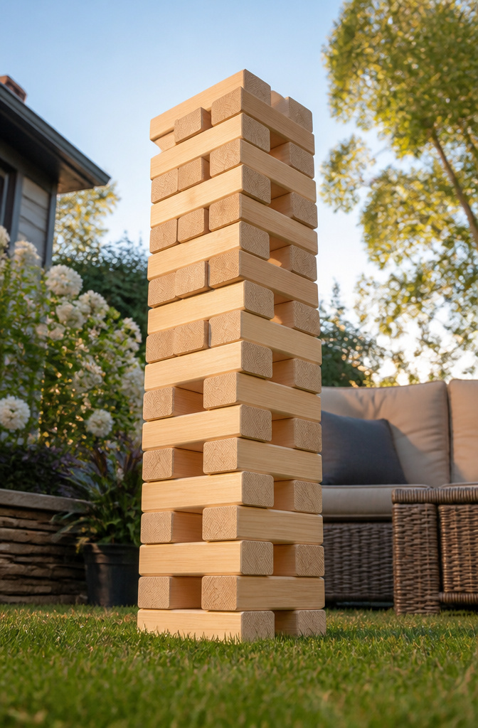 20 DIY Outdoor Games for Backyards, Cookouts & Summer 2026 2 A tall tower of Jenga blocks set on a lawn.