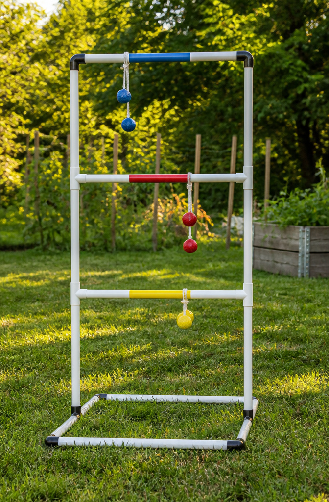20 DIY Outdoor Games for Backyards, Cookouts & Summer 2026 3 A DIY Ladder Toss game with PVC frame and colorful bolas.
