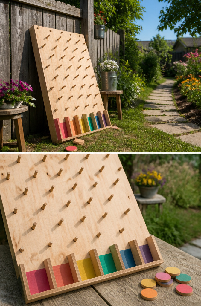 20 DIY Outdoor Games for Backyards, Cookouts & Summer 2026 4 A Plinko game board made with plywood and dowels.