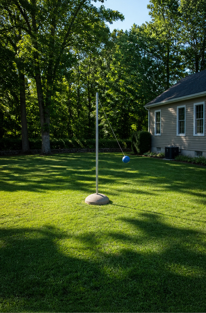 20 DIY Outdoor Games for Backyards, Cookouts & Summer 2026 5 A tetherball setup with a pole and a ball on a rope.