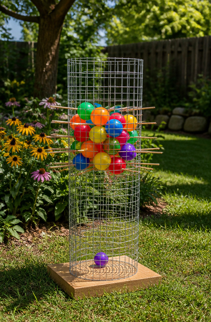 20 DIY Outdoor Games for Backyards, Cookouts & Summer 2026 8 A Kerplunk game made with hardware cloth and wooden skewers.
