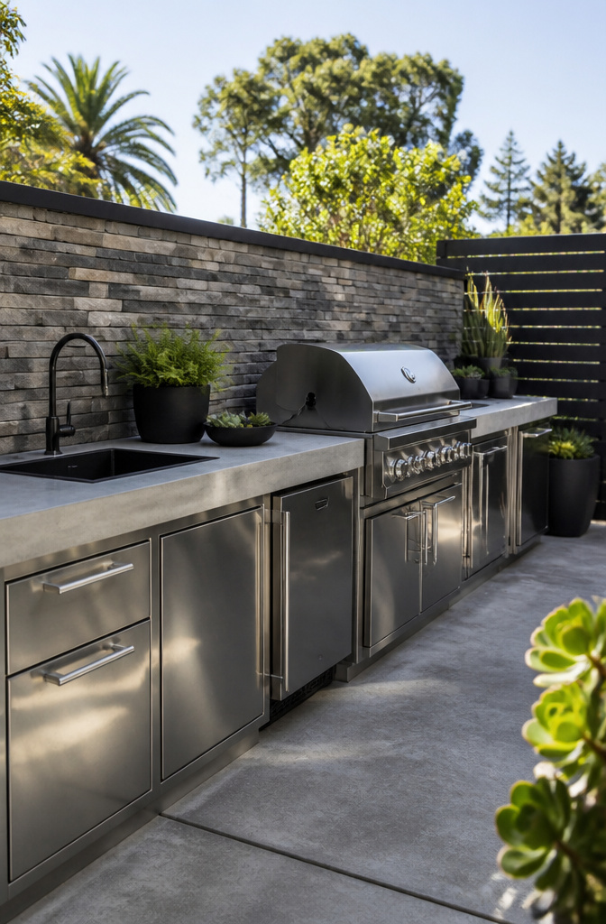 An industrial outdoor kitchen with stainless steel cabinetry and concrete countertop.