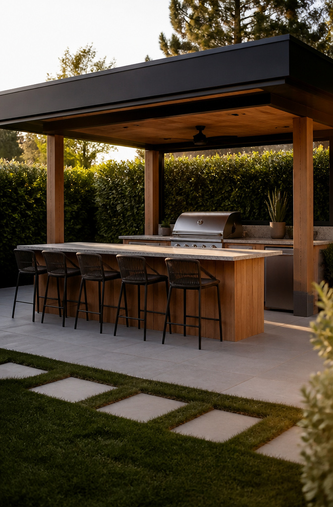 Outdoor kitchen pavilion with built-in grill and smooth gray stone countertops.