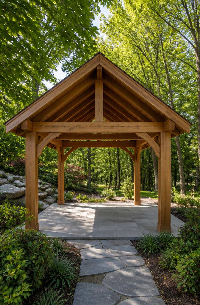 Pavilion featuring a gable roof and warm wood tones.
