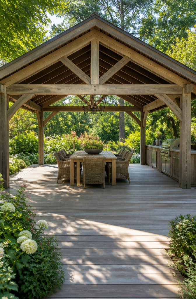 Outdoor dining pavilion featuring a large table and flourishing flower beds.