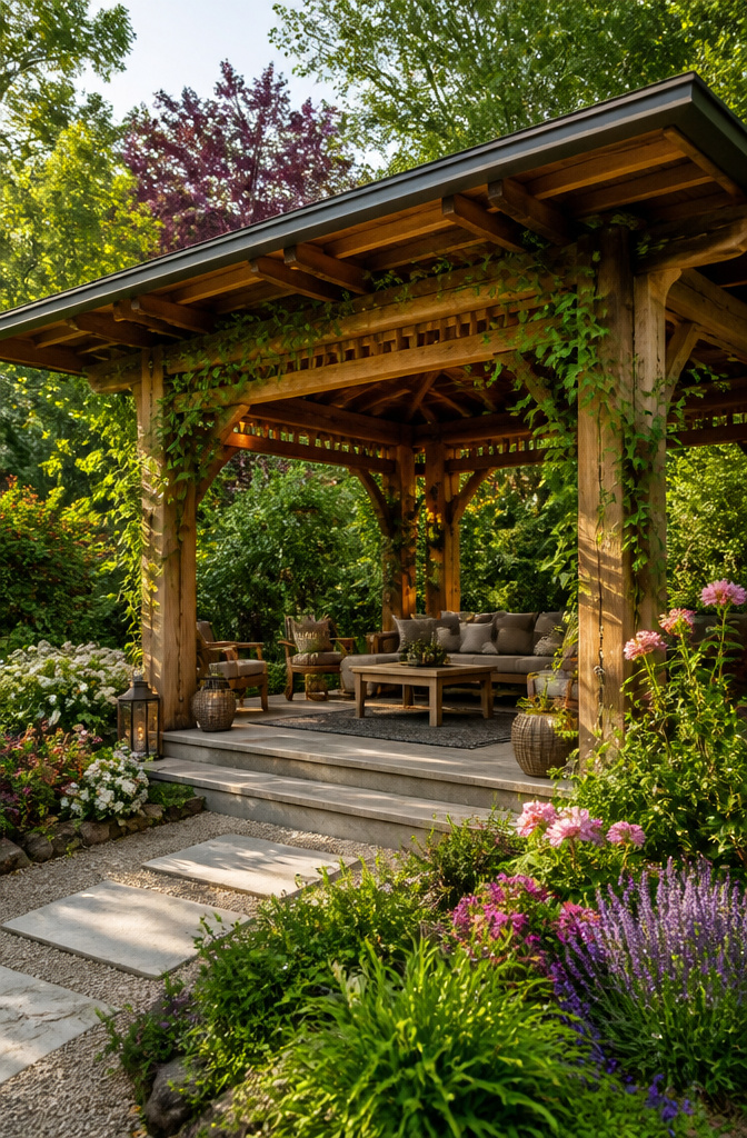 Garden pavilion surrounded by vibrant flowers and natural greenery.