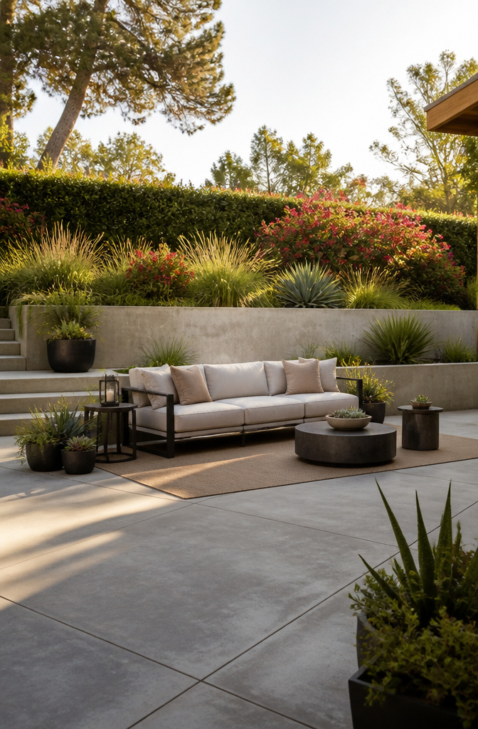 A large outdoor sofa anchors a patio space.