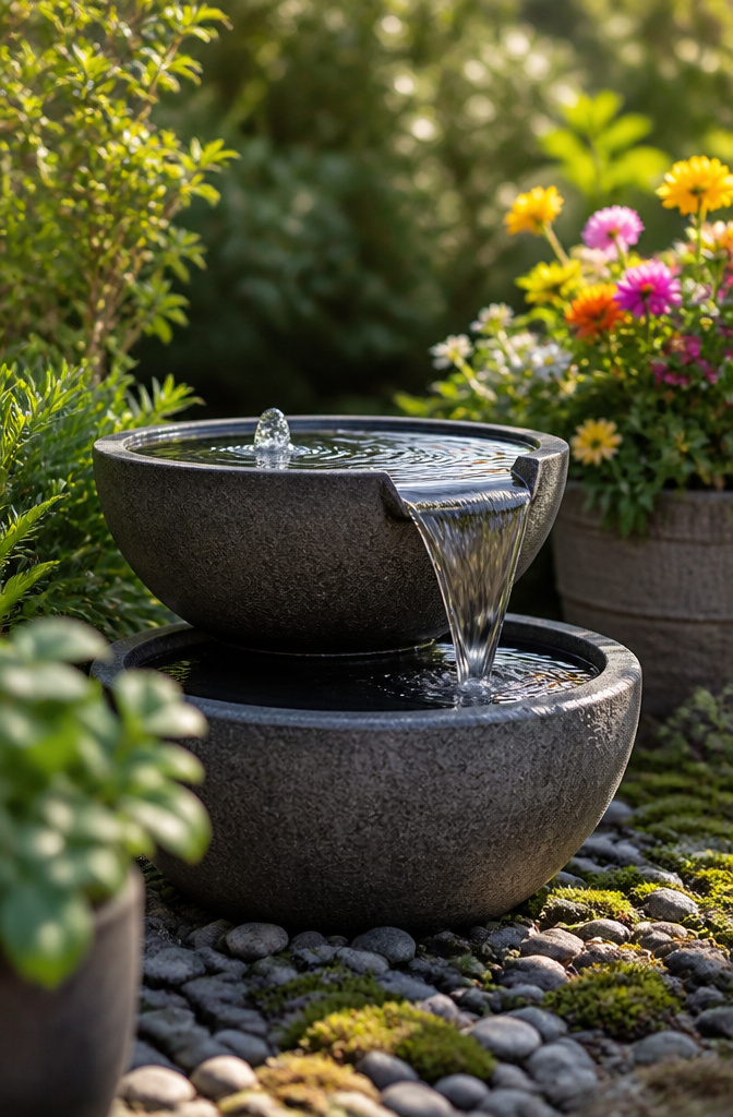 A recirculating fountain set in a garden space.