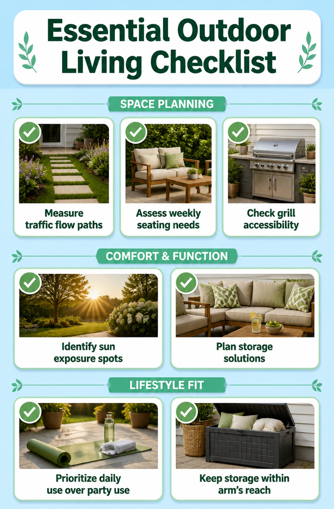 An outdoor living checklist for organizing a patio.