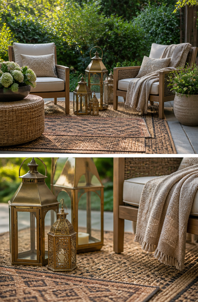 Grouped lanterns of varying sizes arranged in a cozy corner.