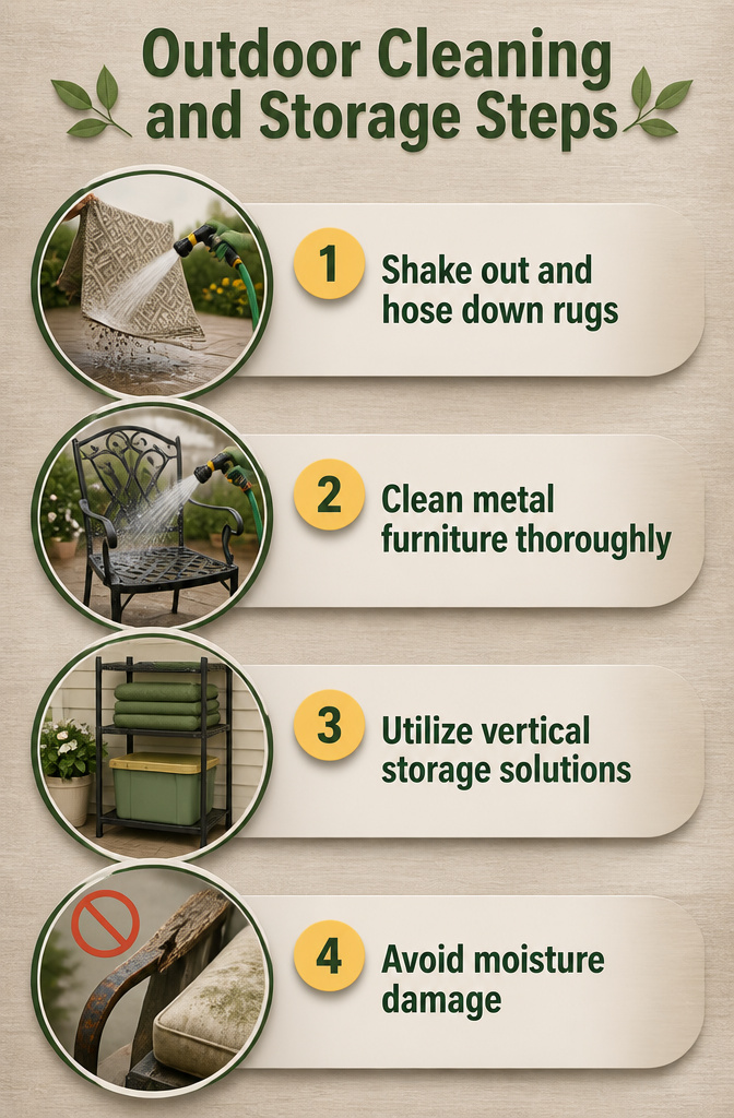 Steps for cleaning and storing outdoor furniture and decor.