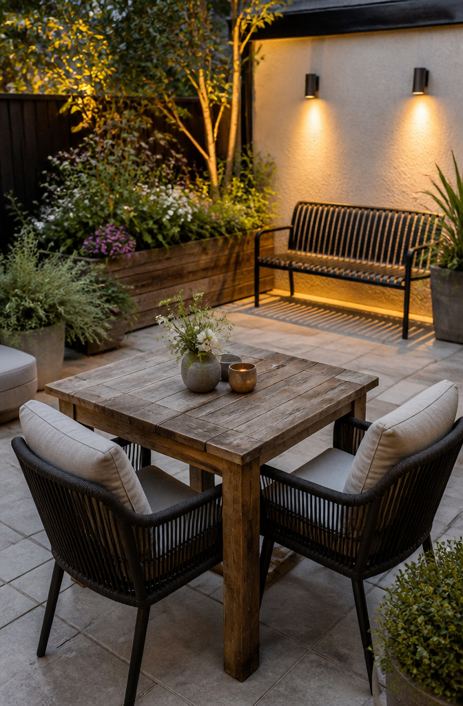 An outdoor dining area with a rustic wooden table and cushioned chairs.