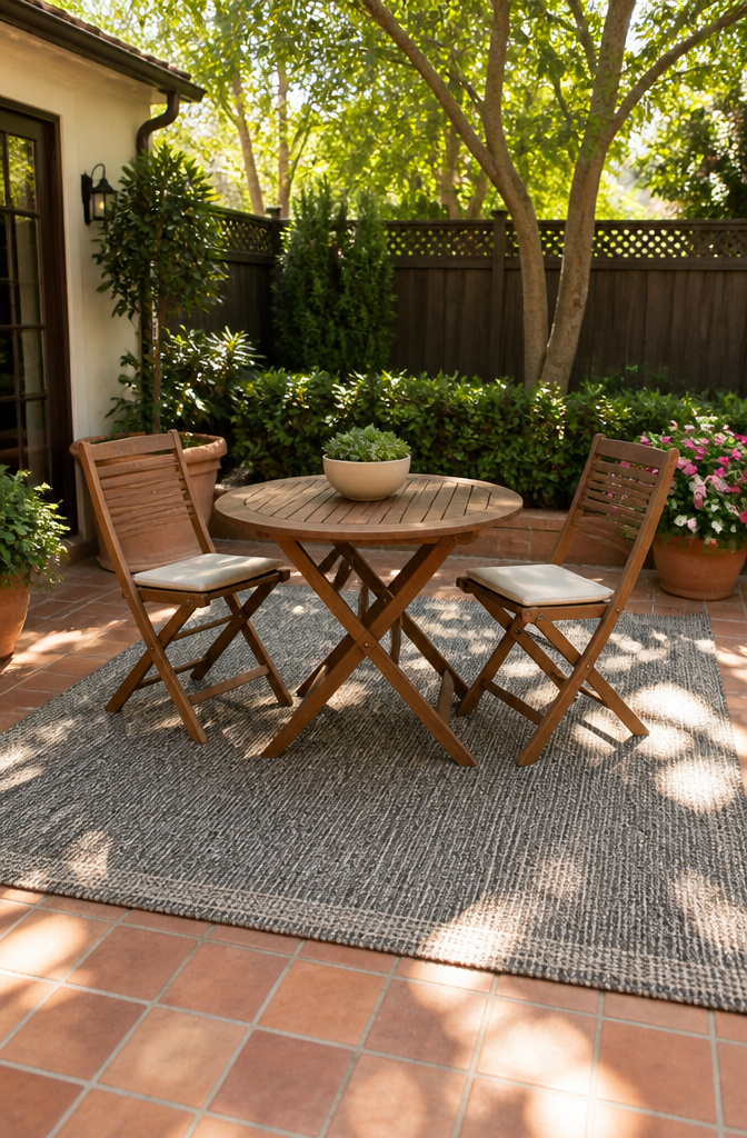 A gray outdoor rug under a bistro table and chairs.
