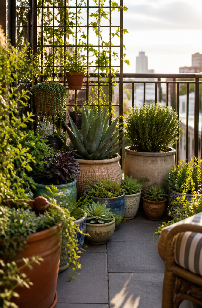 Colorful pots with plants arranged on an apartment balcony.