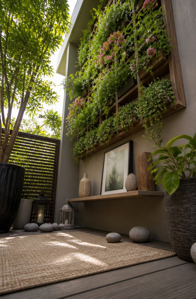 A wall-mounted planter and trellis on a small patio.