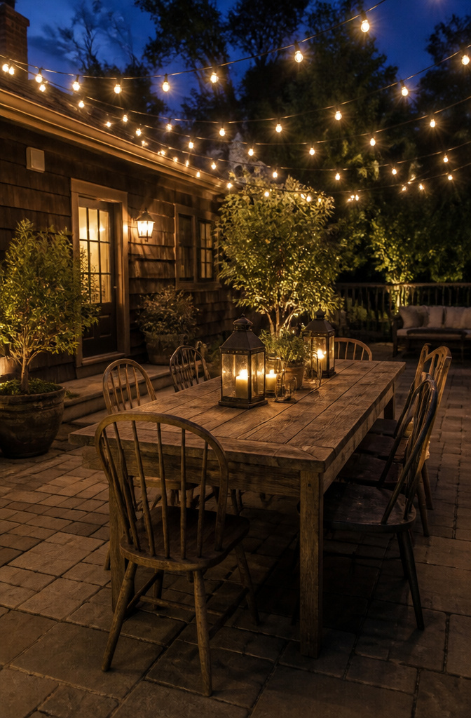 Fairy lights hung above a cozy patio with a dining setup.