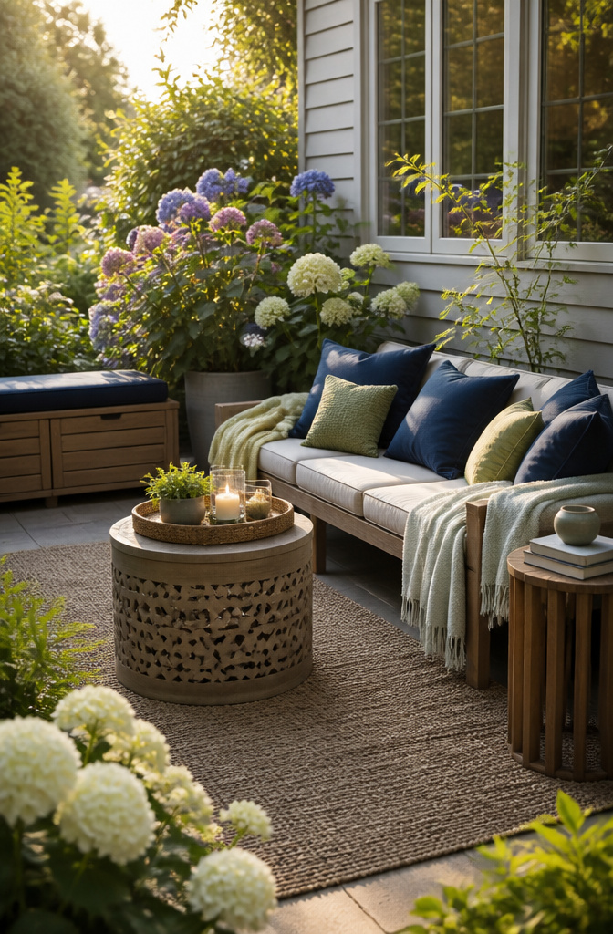 A low sofa adorned with pillows and blankets in an outdoor corner.