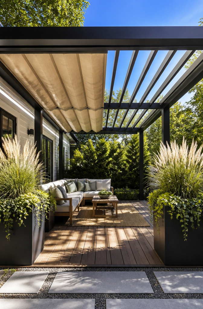 A pergola with a retractable canopy over a seating area.